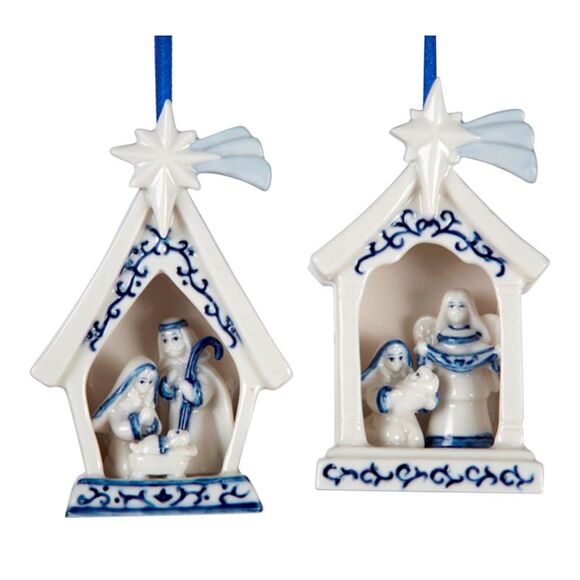Kurt Adler Blue and White Holy Family Porcelain Holiday Ornaments Set of 2 - Picture 1 of 4